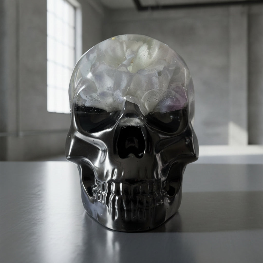 Handmade Black Resin Gothic Flower Skull Figurine