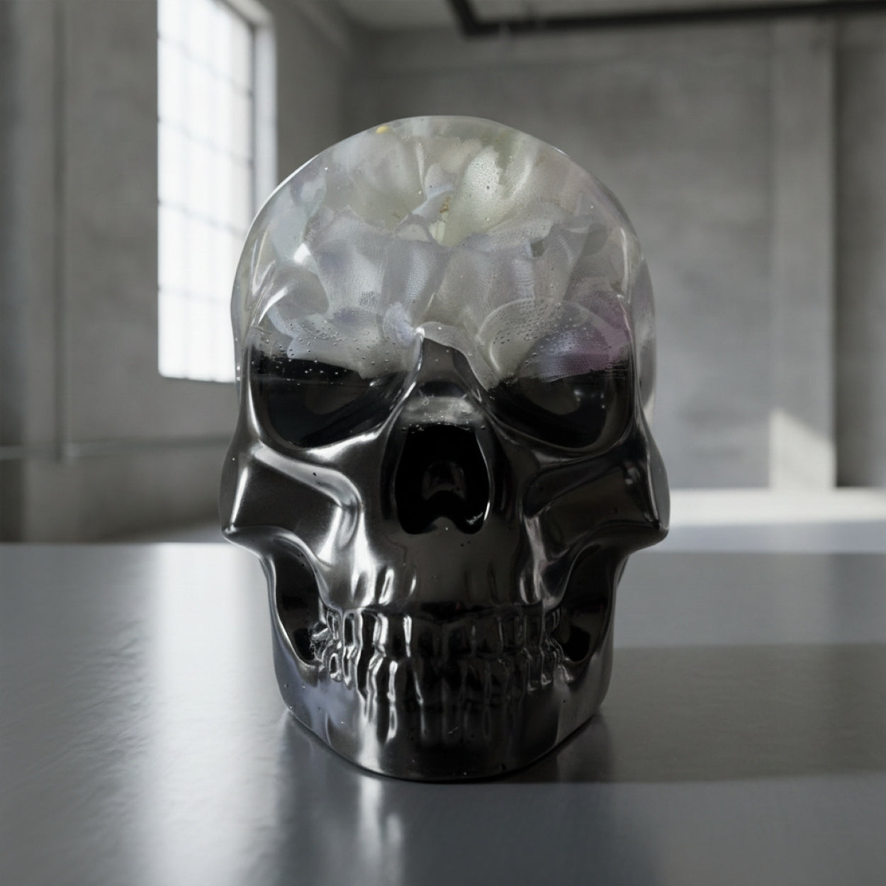 Handmade Black Resin Gothic Flower Skull Figurine