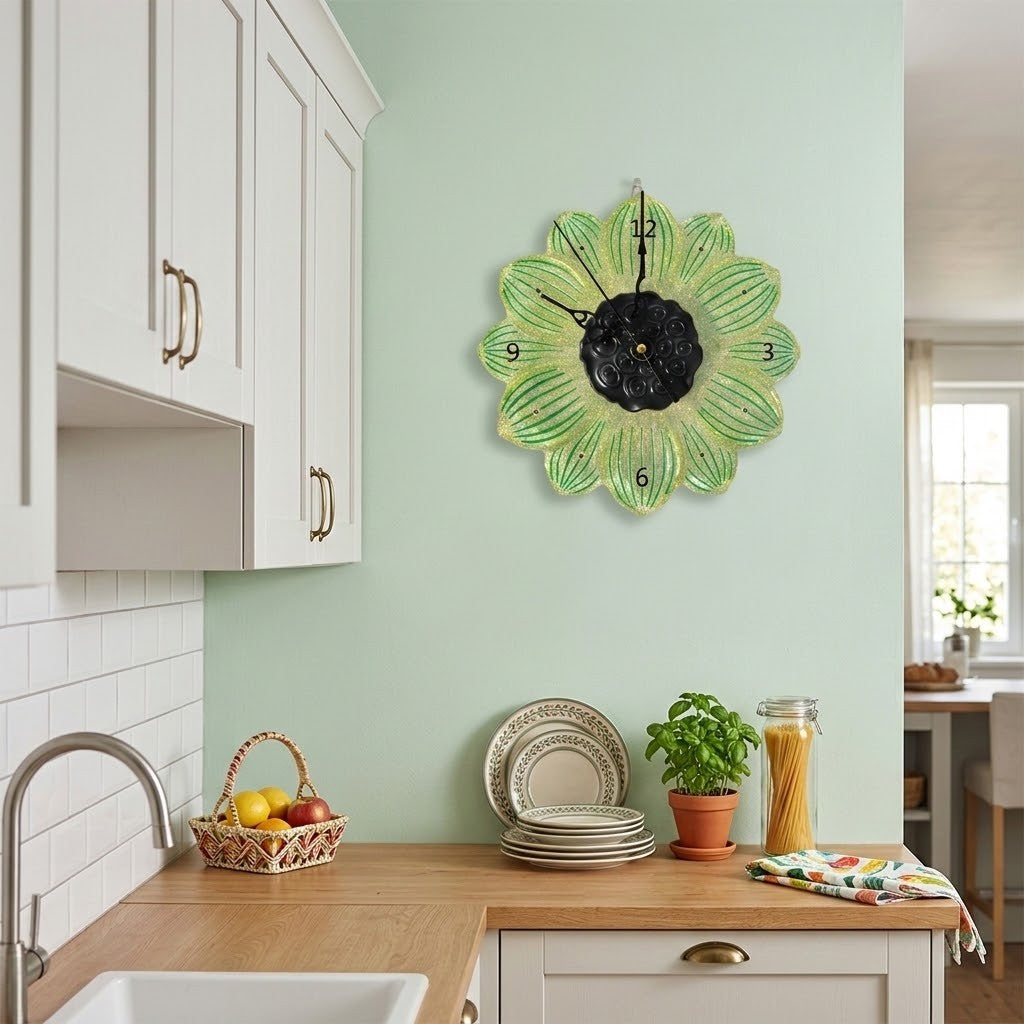 Flower Shaped Clock - A green and yellow sunflower-shaped wall clock with a black centre is mounted on a mint green kitchen wall above a wooden countertop with plates, a basket, and a potted plant.