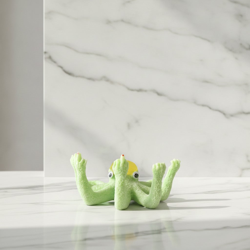 Novelty octopus figurine with light green skin and yellow head with googly eyes, posed with arms and a middle finger pointing upwards, on a white marble table against a marble wall.