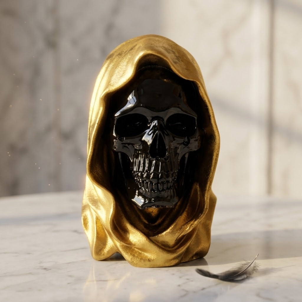 Hooded Skull Figurines - A decorative skull sculpture with a glossy black face and a draped metallic gold hood, displayed on a light marble surface against a softly blurred marble background.
