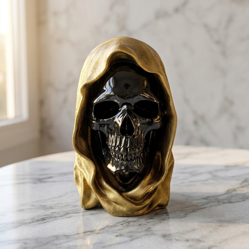 Hooded Skull Figurines - A decorative skull sculpture with a glossy black face and a draped metallic gold hood, displayed on a white marble surface against a light marble wall.