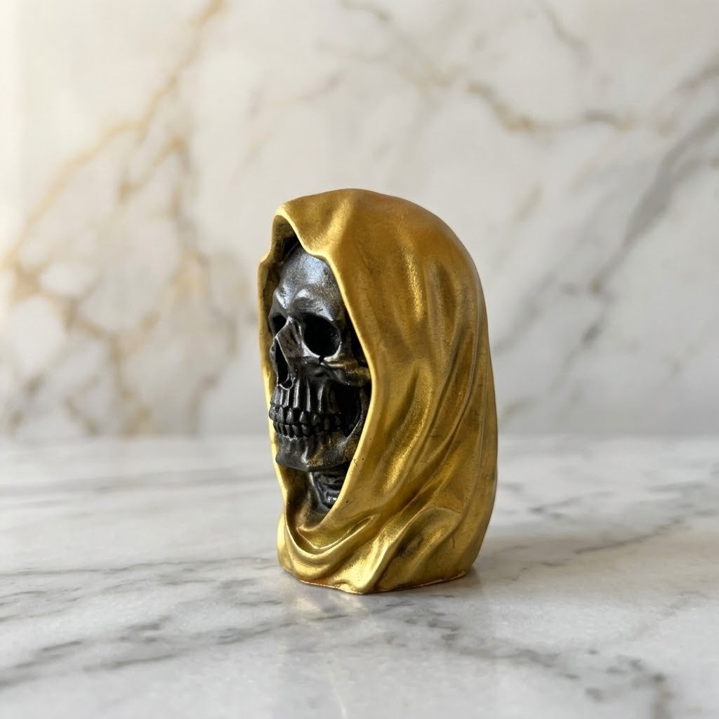 Hooded Skull Figurines - Side view of a small decorative skull sculpture draped in a metallic gold hood, standing on a white marble surface with a marble wall background.