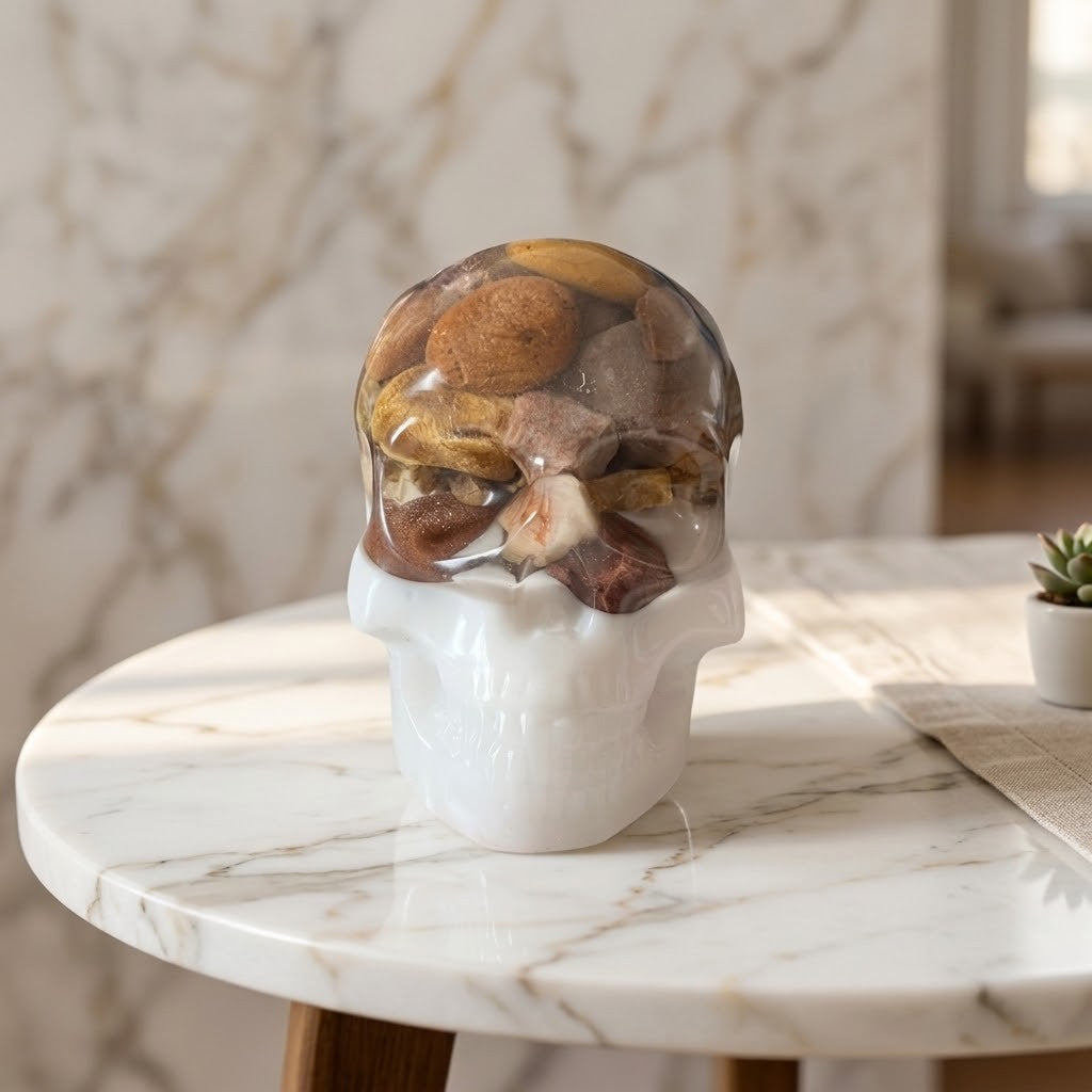 Gothic Resin Stone Skull - A decorative skull-shaped object with a white base and a transparent dome covering it, filled with brown and tan stones, displayed on a round white marble table in a softly blurred interior setting.