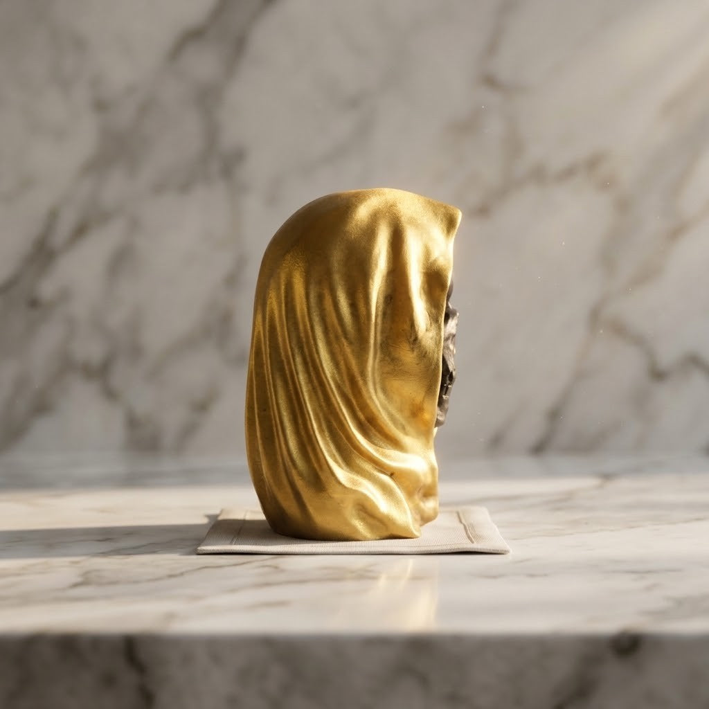 Hooded Skull Figurines - Side view of a  small sculptural gold skull object with a draped, hooded form stands on a white rectangular base against a marble-patterned background.