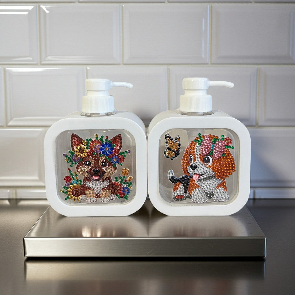 Sparkly bathroom soap dispensers of cute male and female dogs Handmade