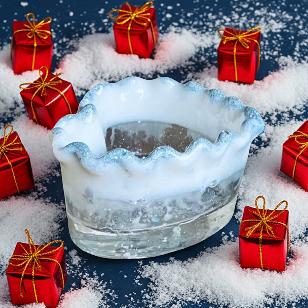Heart Shaped Trinket Jar - Side view of a clear resin pot with a scalloped white frosted rim sits in snow, surrounded by small red gift boxes with gold ribbons.