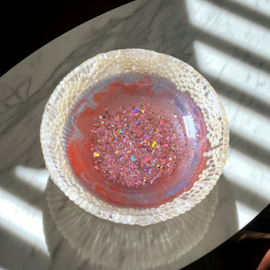 Handmade Resin Pink Glitter Fruit Bowl With Pearly Beads