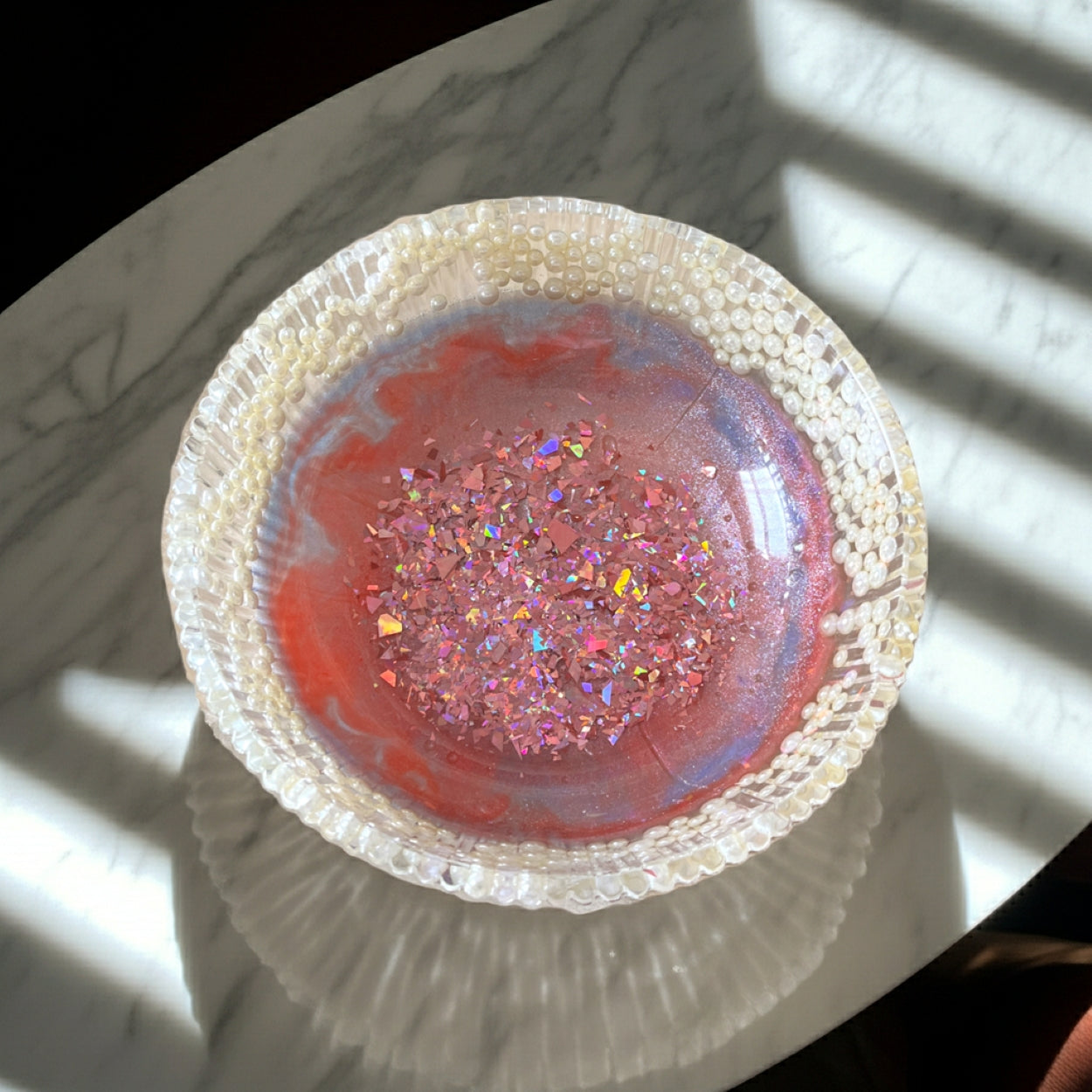 Handmade Resin Pink Glitter Fruit Bowl With Pearly Beads