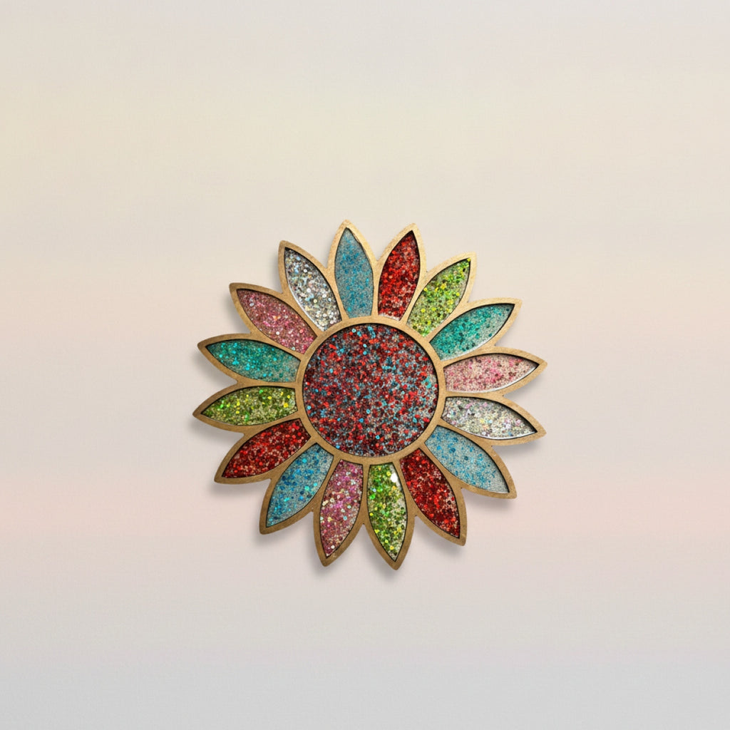 Handmade Wooden Multi Colour Glitter Flower Wall Art Decal