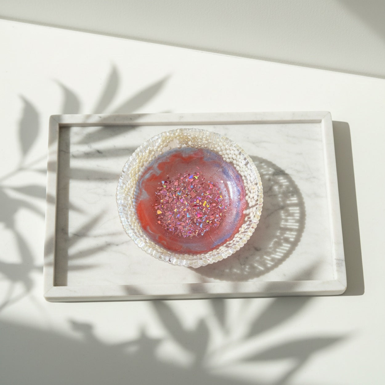 Handmade Resin Pink Glitter Fruit Bowl With Pearly Beads