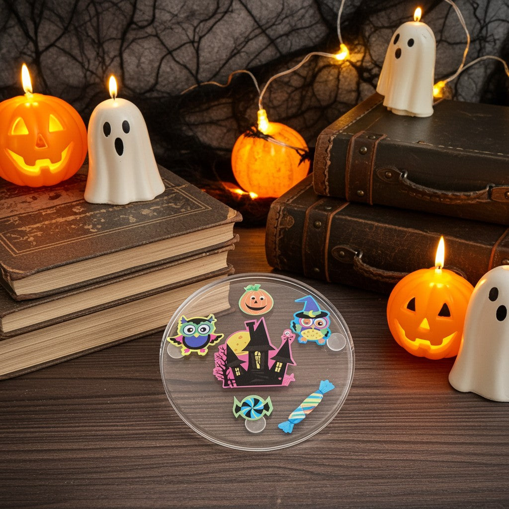 Halloween Coasters - A round clear resin coaster with printed colourful Halloween-themed stickers, displayed on a wooden tabletop next to stacked books and halloween themed candles.