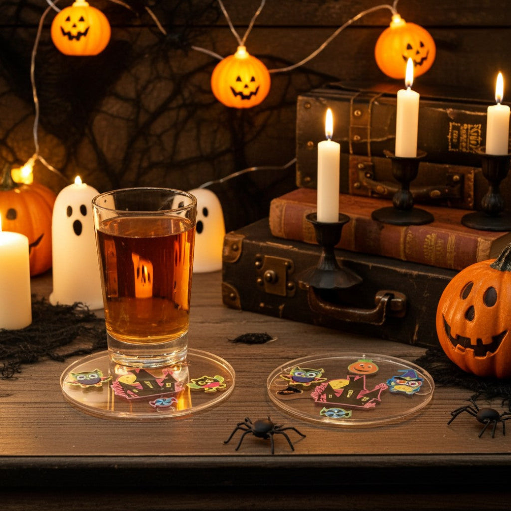 Halloween Coasters - Two clear resin coasters with colourful Halloween-themed printed designs, shown on a wooden table with a glass of amber liquid and surrounded by spooky props including candles, pumpkins, a spider, and a ghost.