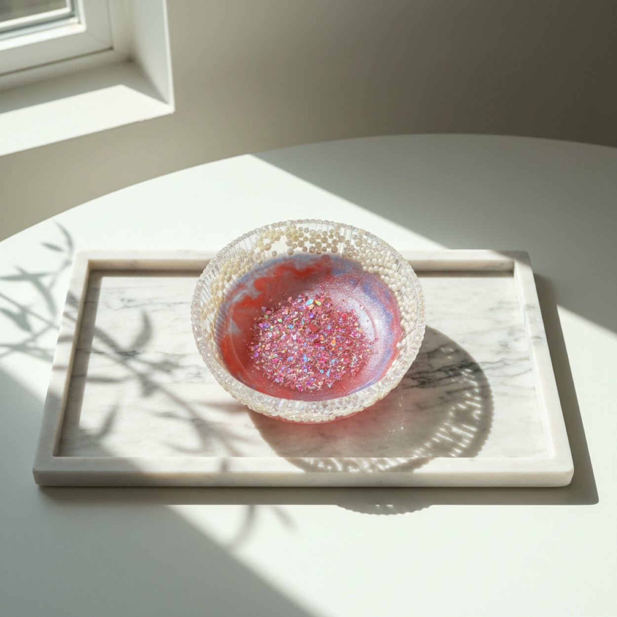 Handmade Resin Pink Glitter Fruit Bowl With Pearly Beads
