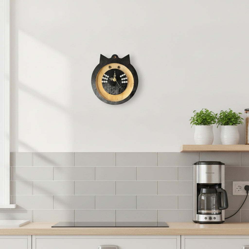 Handmade Bespoke Wooden Black Cat Clock
