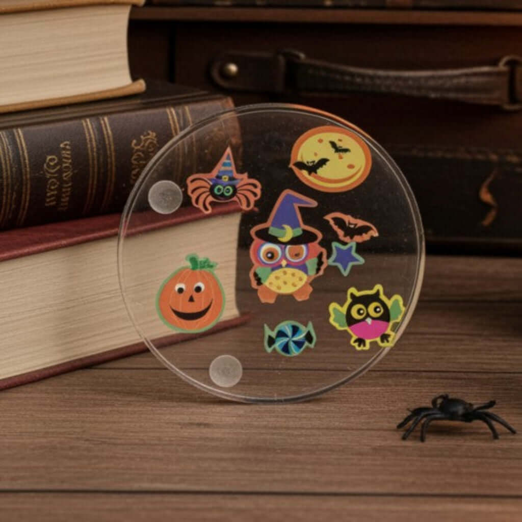 Halloween Coasters - A round clear resin coaster with printed colourful Halloween-themed stickers, displayed on a wooden tabletop next to stacked books and a small spider toy.