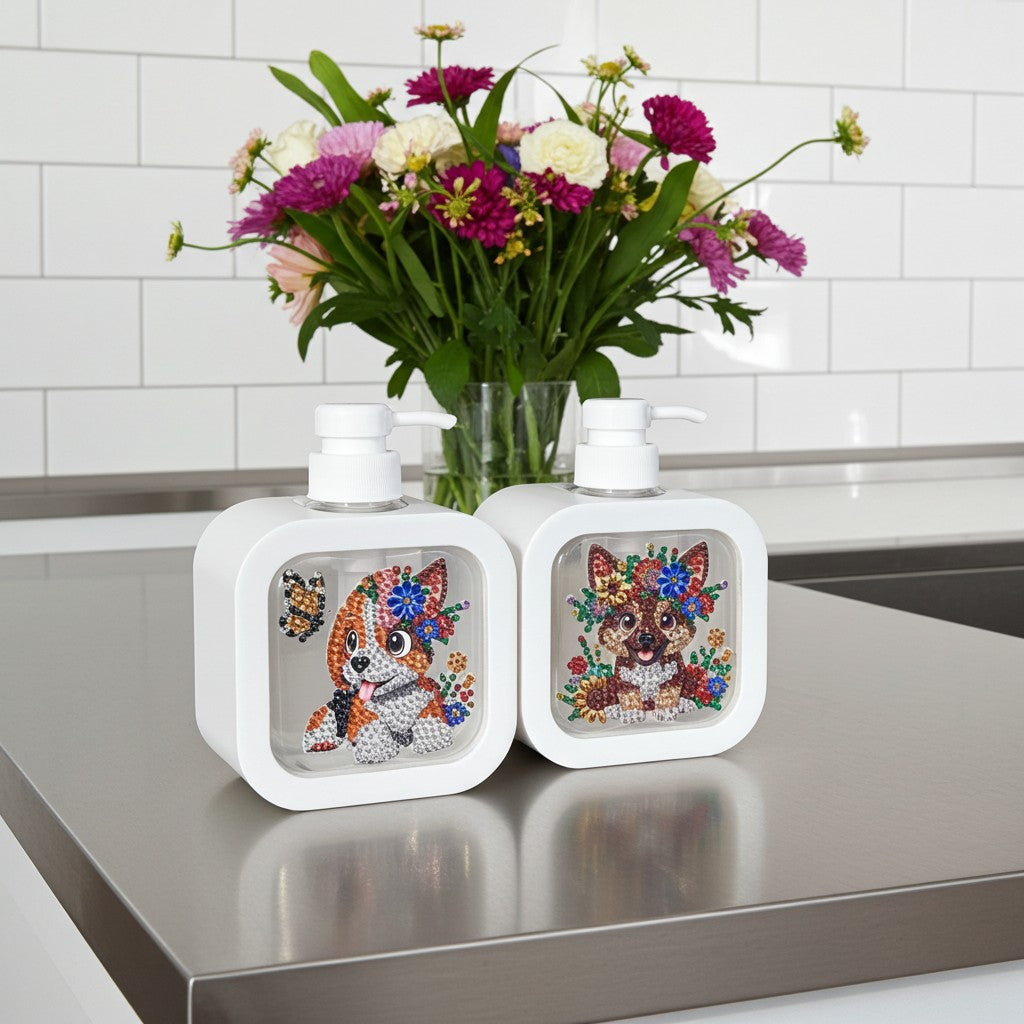 Sparkly bathroom soap dispensers of cute male and female dogs Handmade