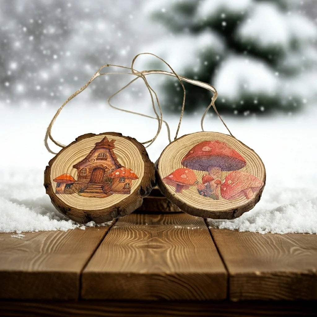Decoupage Hanging Wood Slices Mushroom House image 1