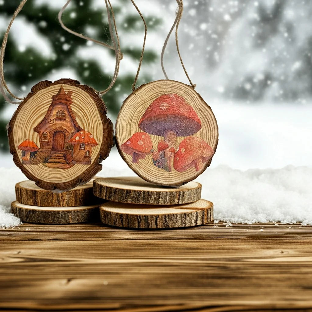 Decoupage Hanging Wood Slices Mushroom House image 0