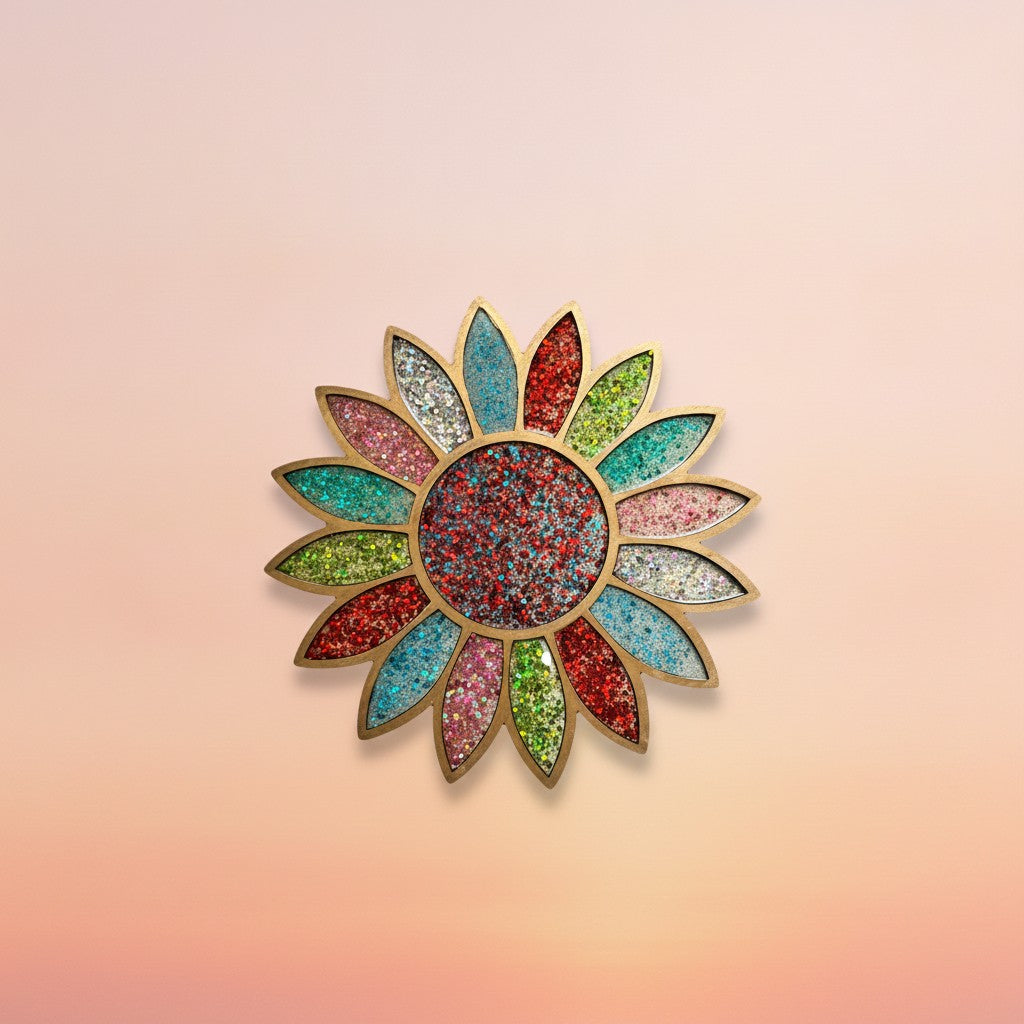 Handmade Wooden Multi Colour Glitter Flower Wall Art Decal