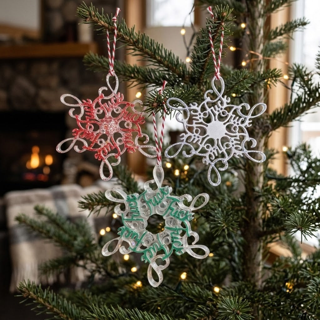 Novelty Christmas Tree Decorations - Three decorative resin snowflake ornaments in red, silver, and mint green hang from a Christmas tree with warm string lights in a cozy indoor setting.