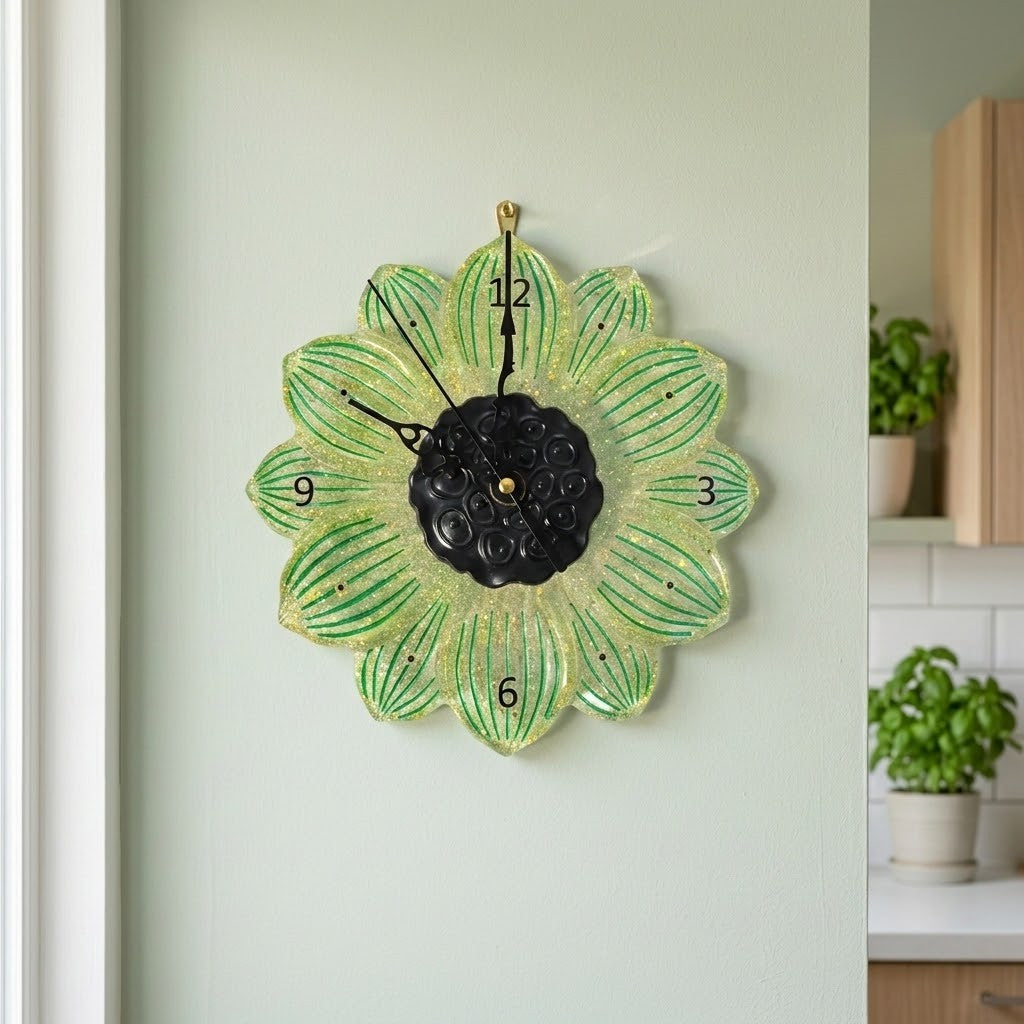 Flower Shaped Clock - A flower-shaped wall clock with green and gold textured petals, a black textured centre, and black hands, hanging on a light green wall in a kitchen setting.