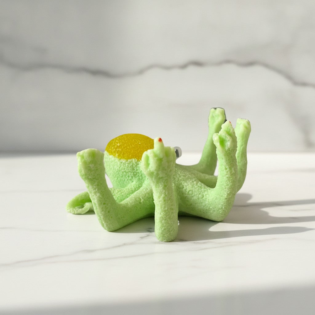 Novelty octopus figurine with light green skin and yellow head with googly eyes, posed with arms and a middle finger pointing upwards, side view on a white marble table against a marble wall.