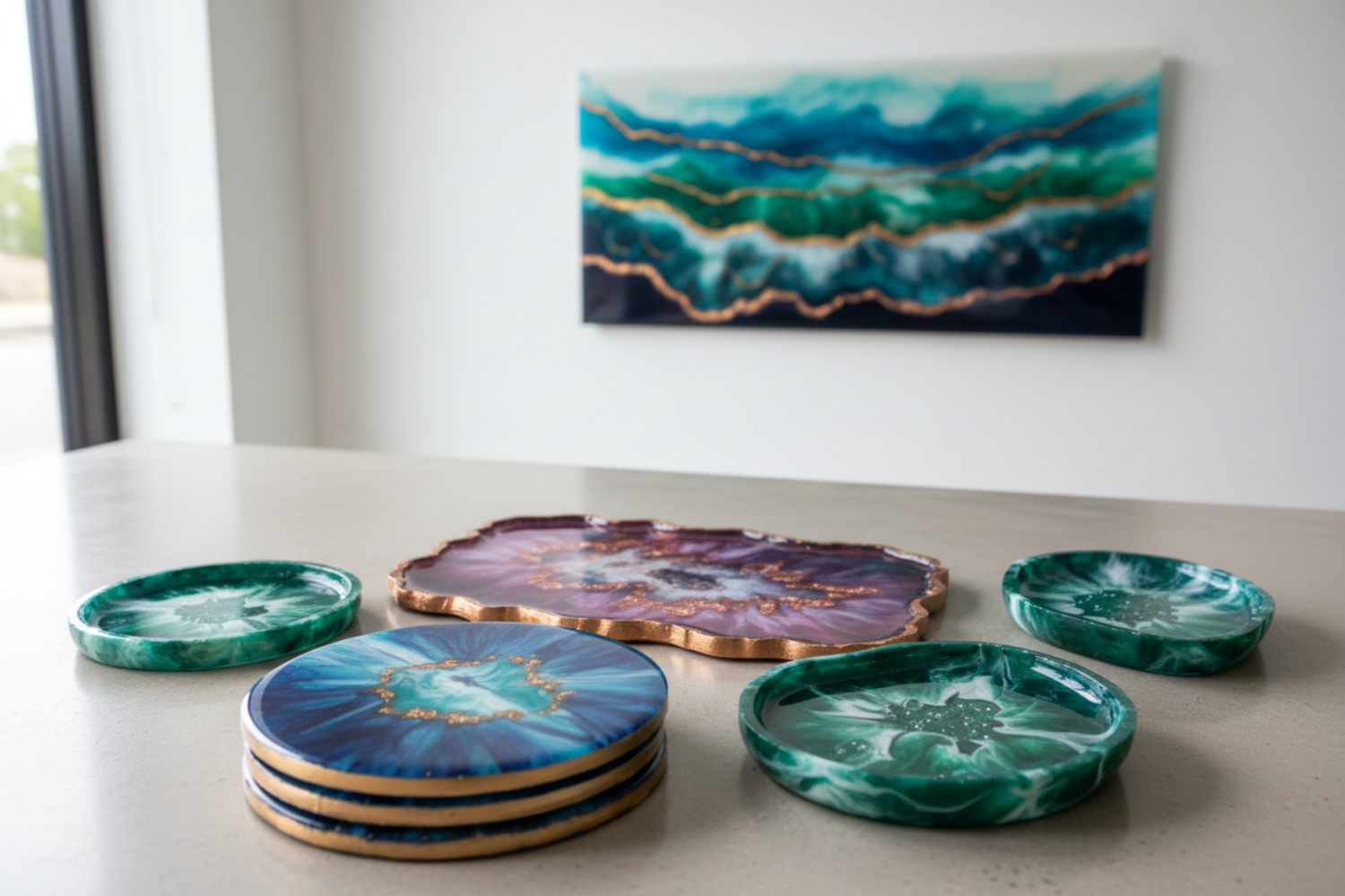 Set of decorative coasters on a table with a piece of abstract art in the background.