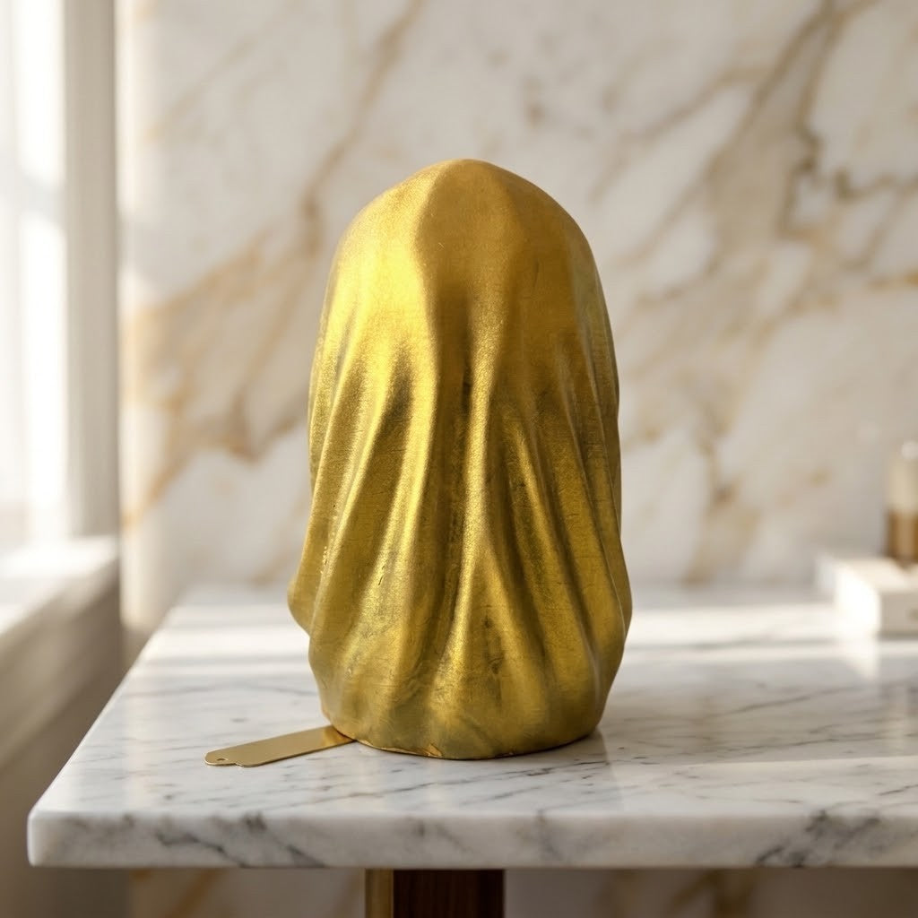 Hooded Skull Figurines - Back view of a sculptural gold decorative object with a draped, ghost-like form sits on a white marble table against a marble wall background.