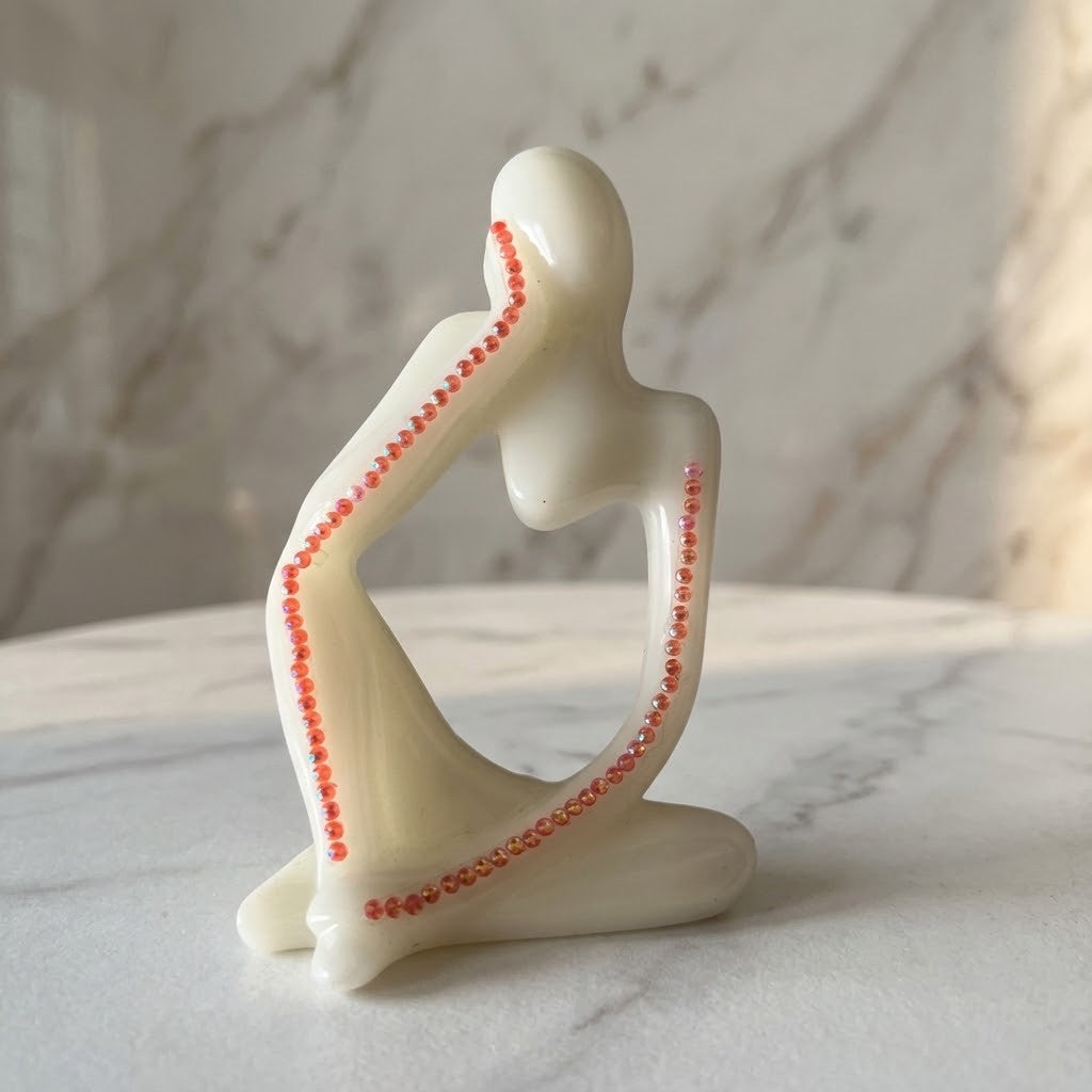 Nordic Resin Thinker Figurine - A small abstract figurative sculpture in glossy off-white with a line of small red beads running along the outer edges, displayed on a light marble surface against a softly blurred marble background.