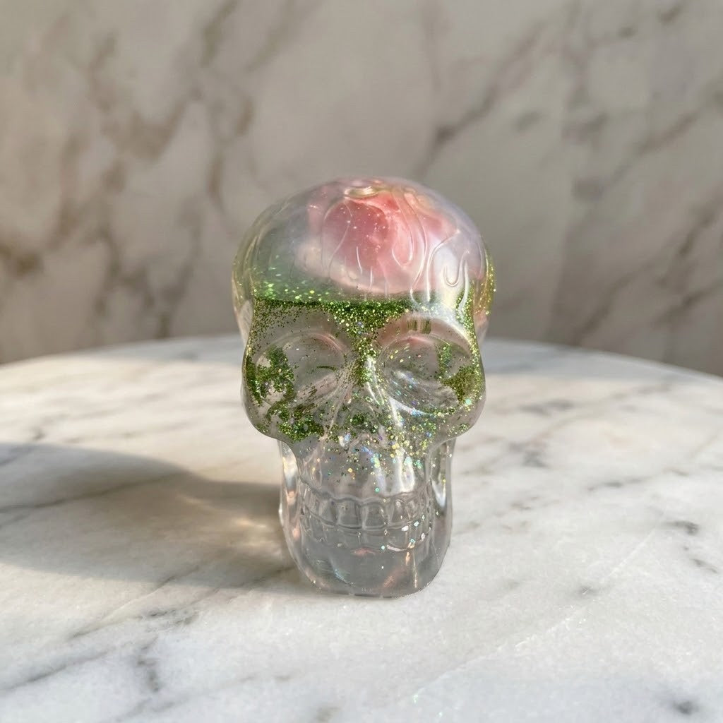 Novelty Shaker Skull Figurine Gift Handmade Resin with embedded pink water ball and glitter detail.